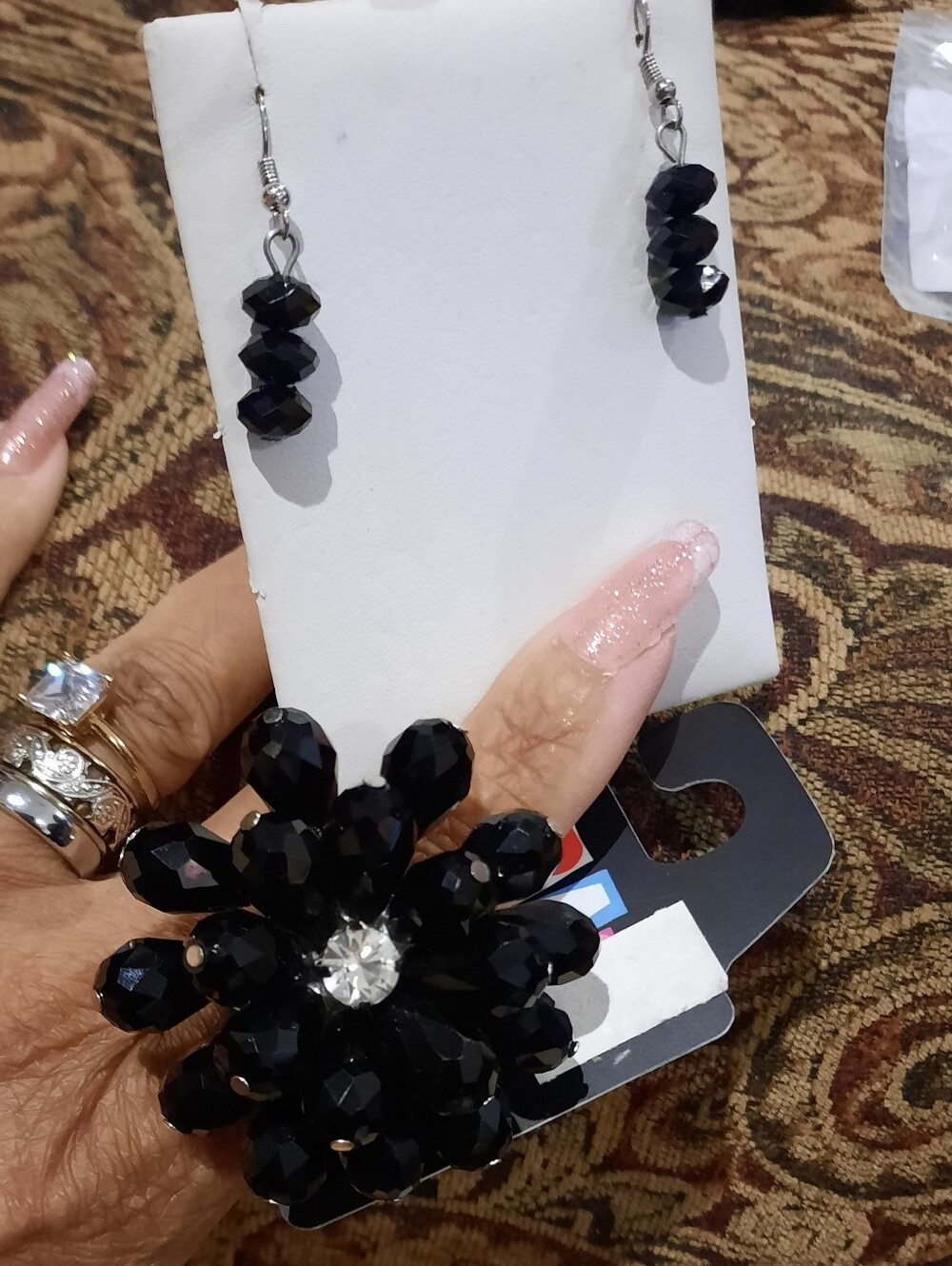 MASSIVE Black Crystal Flower Statement Ring with Matching Dangle Earrings